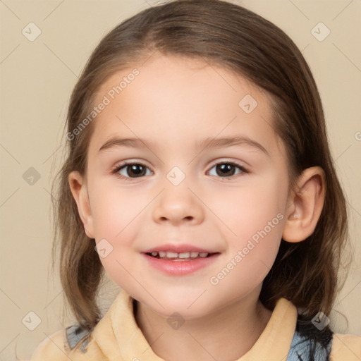 Joyful white child female with medium  brown hair and brown eyes