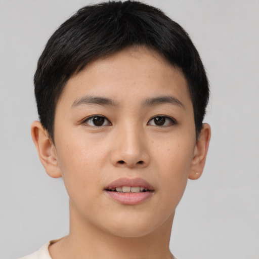 Neutral asian young-adult female with short  brown hair and brown eyes