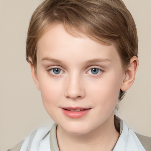 Joyful white child female with medium  brown hair and brown eyes