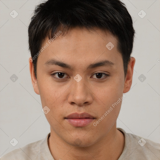Neutral asian young-adult male with short  black hair and brown eyes