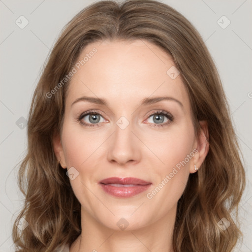 Joyful white young-adult female with medium  brown hair and green eyes