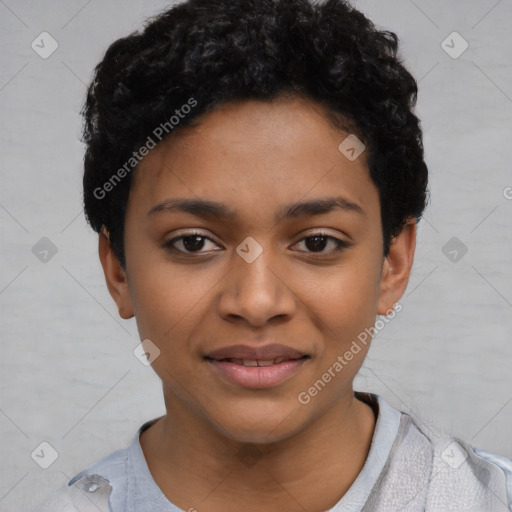 Joyful latino young-adult female with short  black hair and brown eyes