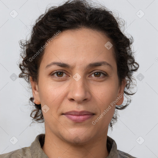 Joyful white adult female with short  brown hair and brown eyes