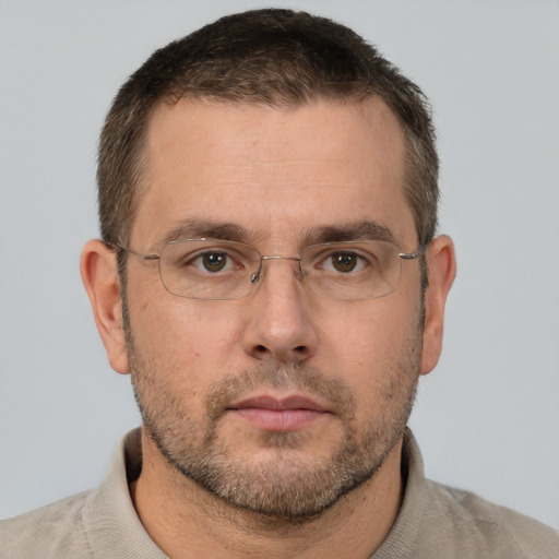 Neutral white adult male with short  brown hair and brown eyes