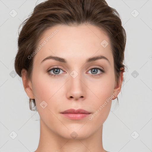 Neutral white young-adult female with medium  brown hair and grey eyes