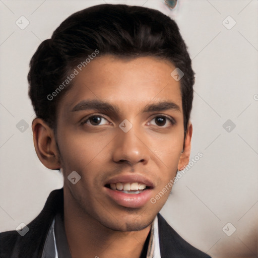 Neutral white young-adult male with short  black hair and brown eyes