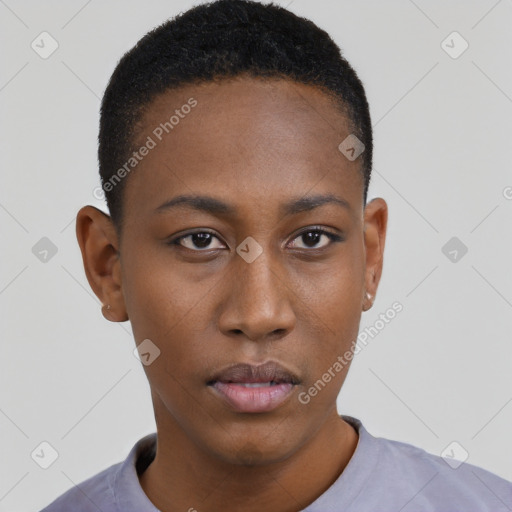 Neutral black young-adult female with short  black hair and brown eyes