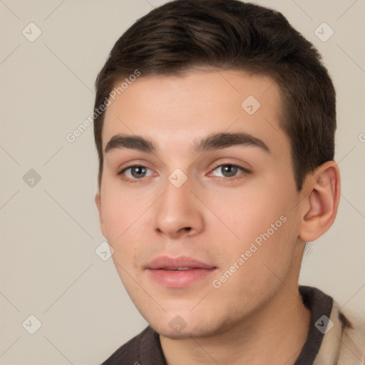 Neutral white young-adult male with short  brown hair and brown eyes