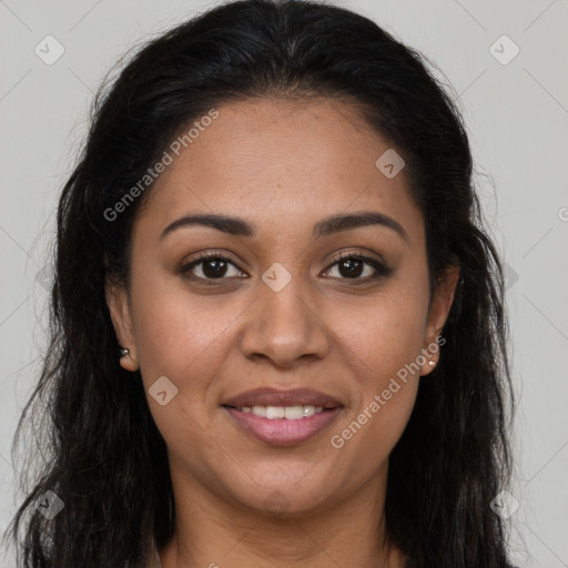 Joyful latino young-adult female with long  brown hair and brown eyes