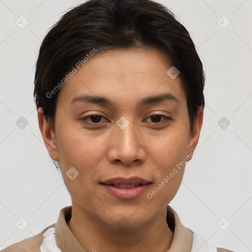 Joyful asian young-adult female with short  brown hair and brown eyes