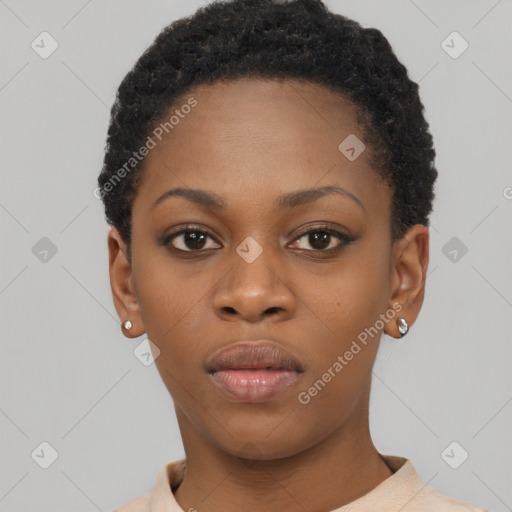 Neutral black young-adult female with short  black hair and brown eyes