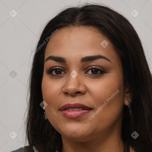 Joyful white young-adult female with long  brown hair and brown eyes