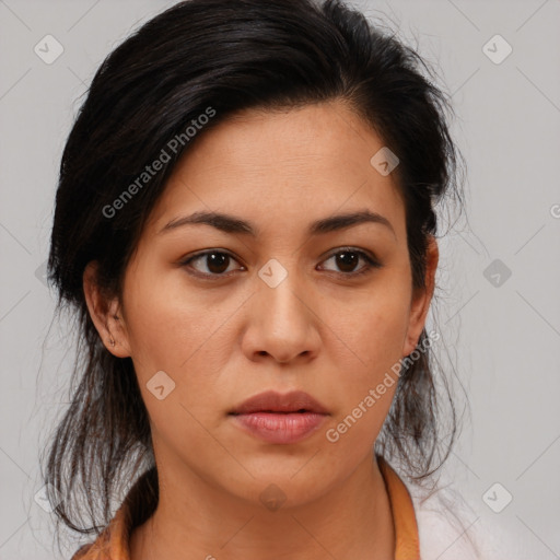 Neutral asian young-adult female with medium  brown hair and brown eyes