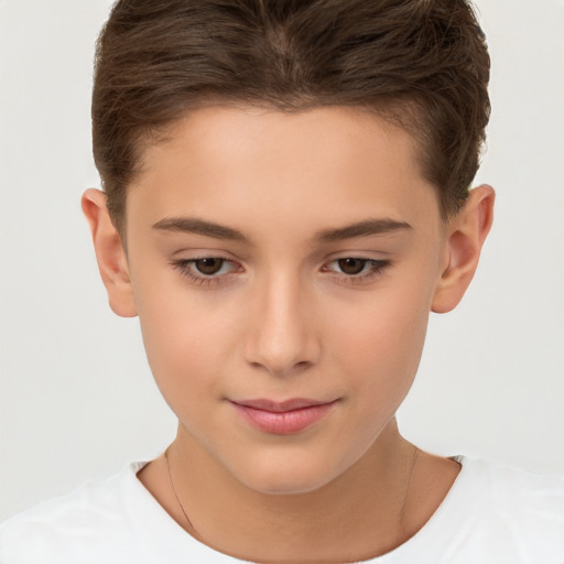 Joyful white child female with short  brown hair and brown eyes