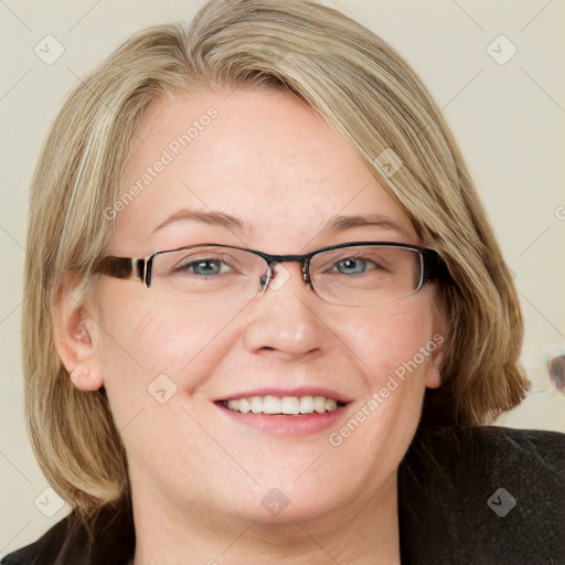 Joyful white adult female with medium  brown hair and blue eyes