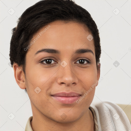 Joyful latino young-adult female with short  brown hair and brown eyes