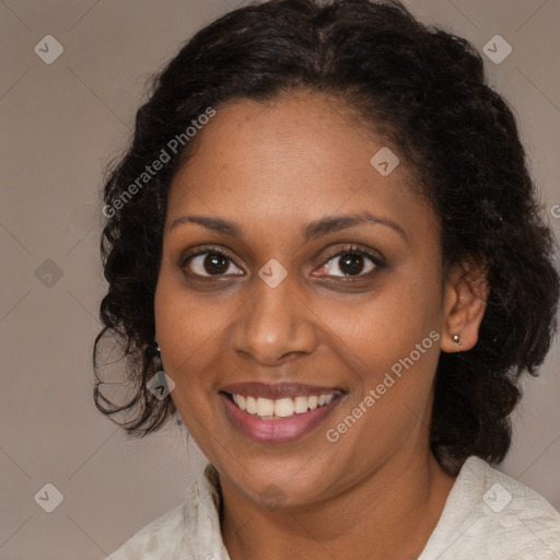 Joyful black young-adult female with medium  brown hair and brown eyes