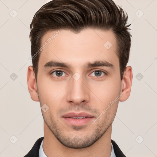 Neutral white young-adult male with short  brown hair and brown eyes