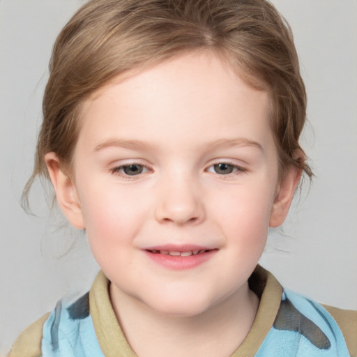 Joyful white child female with medium  brown hair and blue eyes