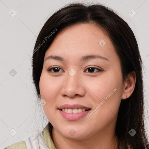 Joyful white young-adult female with medium  brown hair and brown eyes