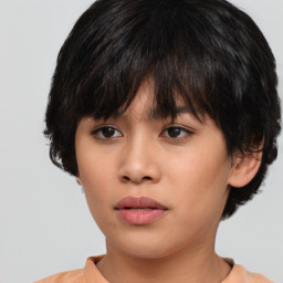 Neutral asian young-adult female with short  brown hair and brown eyes