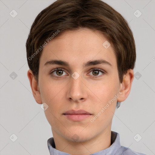 Neutral white young-adult male with short  brown hair and brown eyes