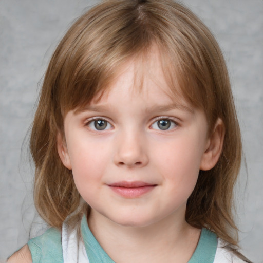 Neutral white child female with medium  brown hair and blue eyes