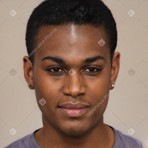 Joyful black young-adult male with short  brown hair and brown eyes