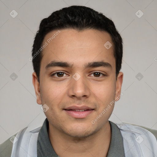 Joyful white young-adult male with short  black hair and brown eyes