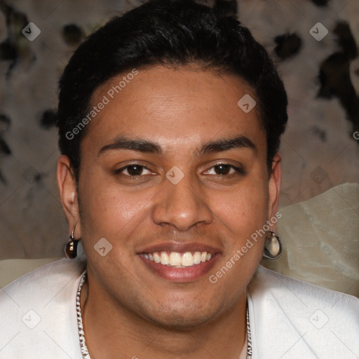 Joyful latino young-adult male with short  brown hair and brown eyes