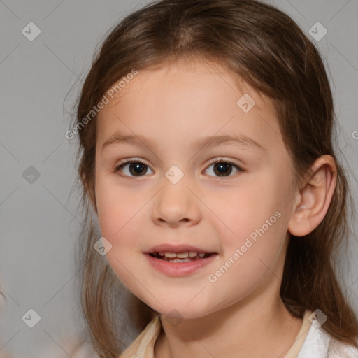 Joyful white child female with medium  brown hair and brown eyes