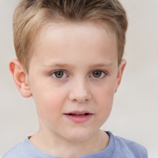 Joyful white child male with short  brown hair and grey eyes