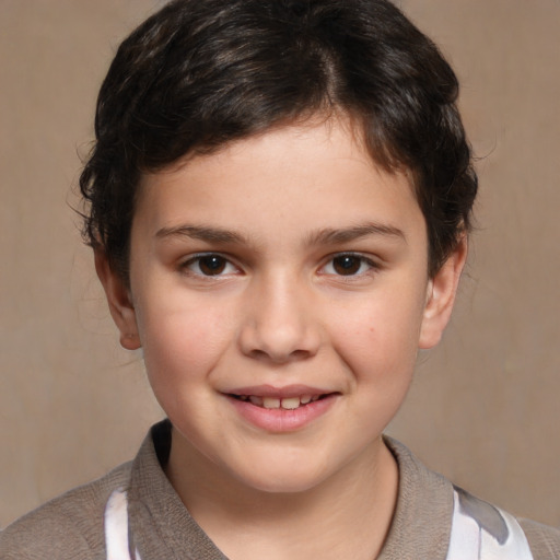 Joyful white child female with short  brown hair and brown eyes