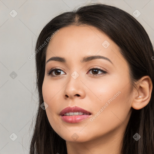 Neutral white young-adult female with long  black hair and brown eyes