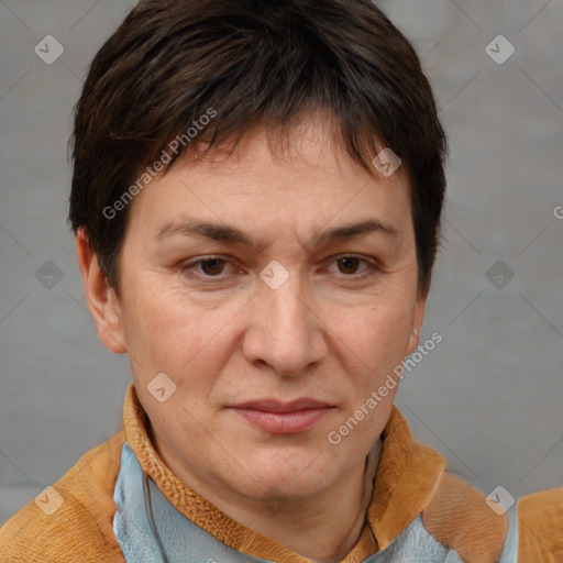 Joyful white adult female with short  brown hair and brown eyes