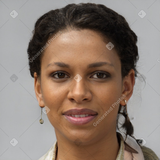 Joyful latino young-adult female with short  brown hair and brown eyes