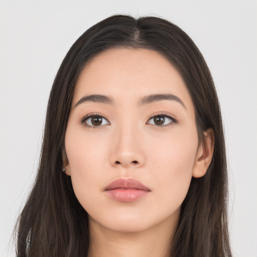 Neutral asian young-adult female with long  black hair and brown eyes