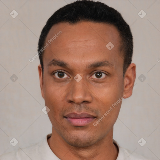 Neutral latino young-adult male with short  black hair and brown eyes