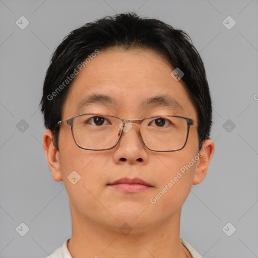 Neutral asian adult male with short  brown hair and brown eyes