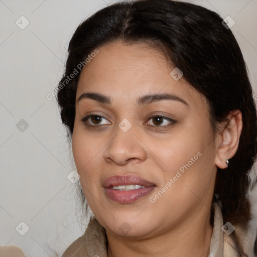 Joyful latino young-adult female with medium  brown hair and brown eyes