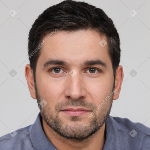 Neutral white young-adult male with short  brown hair and brown eyes