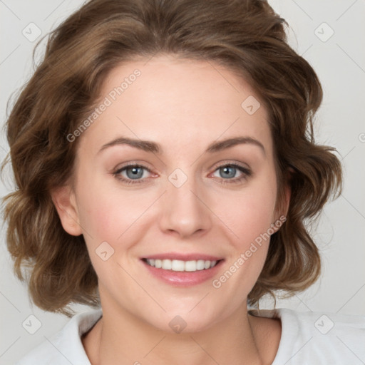 Joyful white young-adult female with medium  brown hair and blue eyes