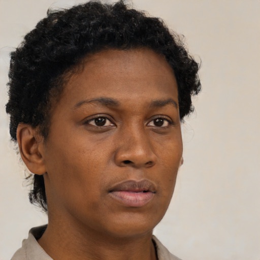 Neutral black young-adult female with short  brown hair and brown eyes