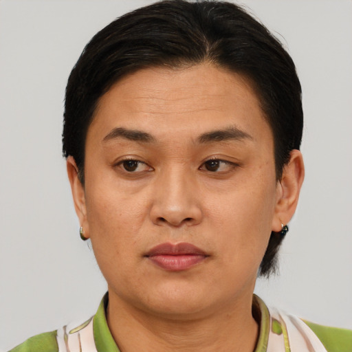 Joyful asian adult female with short  brown hair and brown eyes