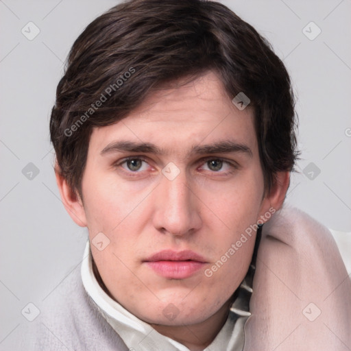 Neutral white young-adult male with short  brown hair and grey eyes