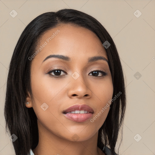 Joyful asian young-adult female with long  black hair and brown eyes