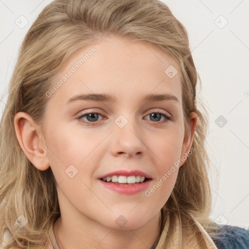 Joyful white young-adult female with long  brown hair and blue eyes