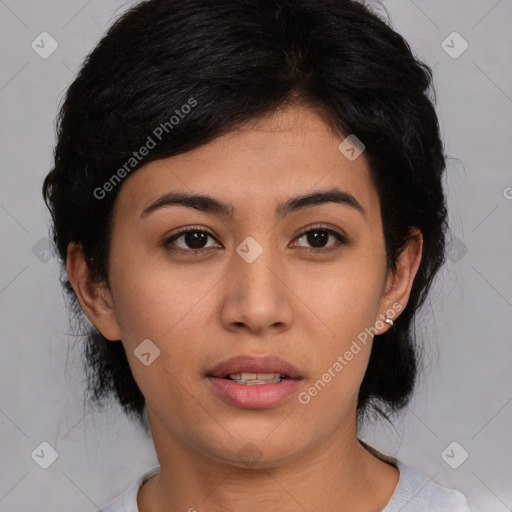 Neutral asian young-adult female with medium  brown hair and brown eyes