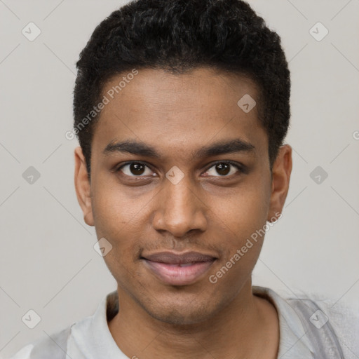 Joyful black young-adult male with short  black hair and brown eyes