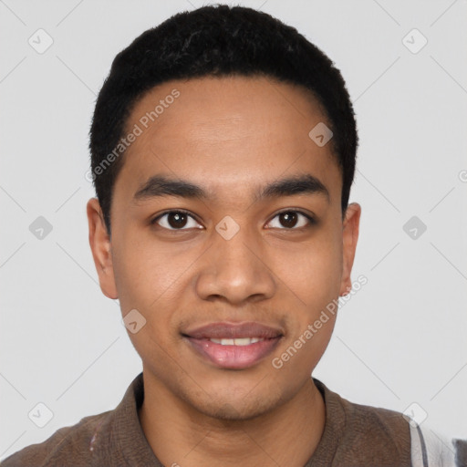 Joyful latino young-adult male with short  black hair and brown eyes